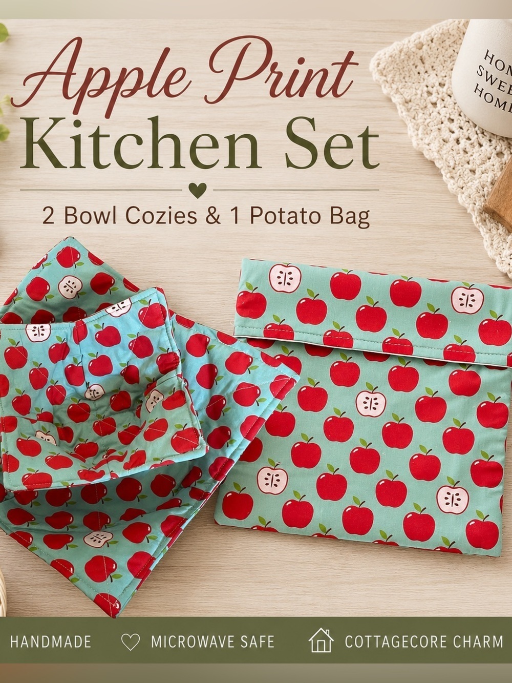 Handmade Apple Print Bowl Cozies & Potato Bag Kitchen Set Cottagecore Farmhouse